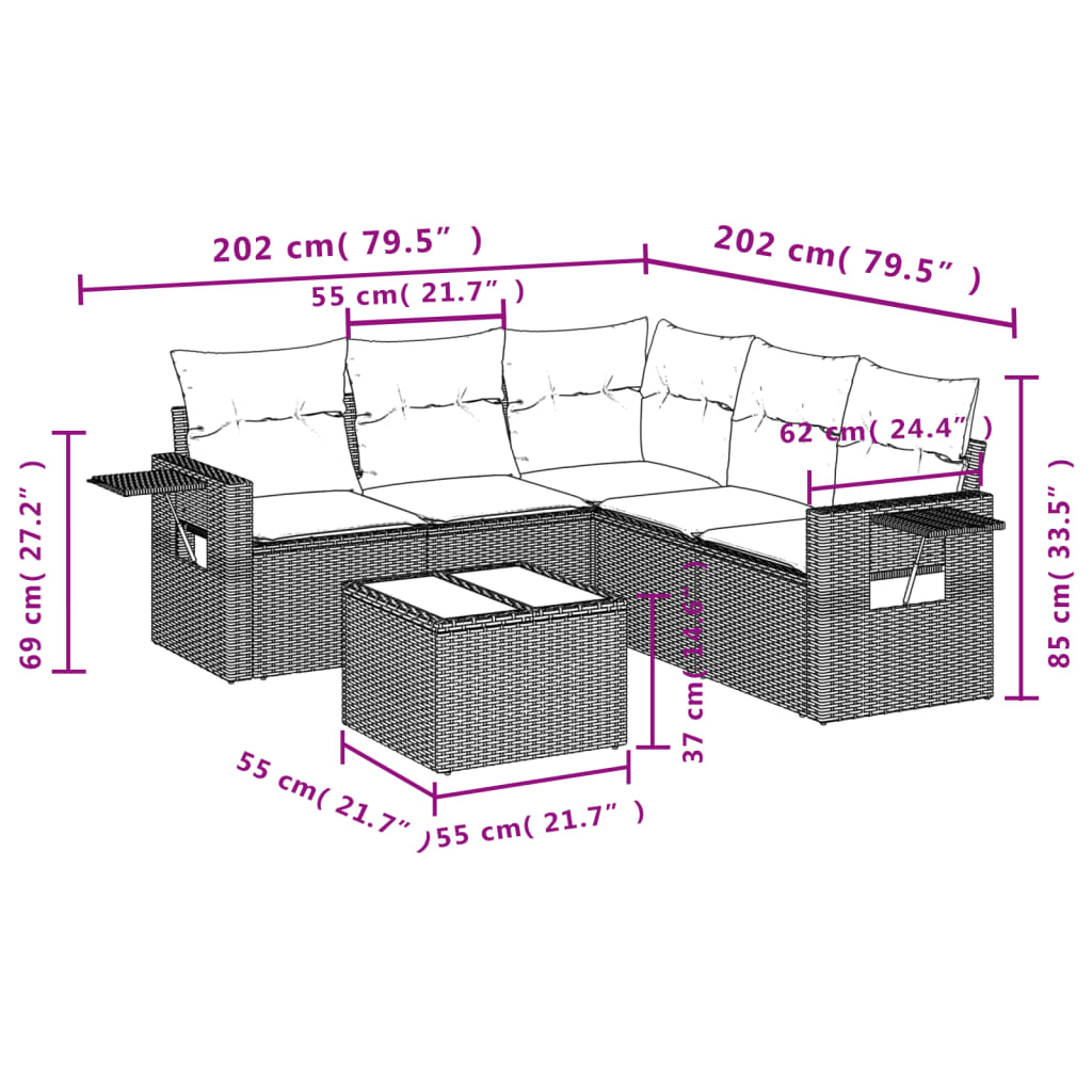 Vrtni set od 6 dijelova s jastucima, smeđi poliratan
