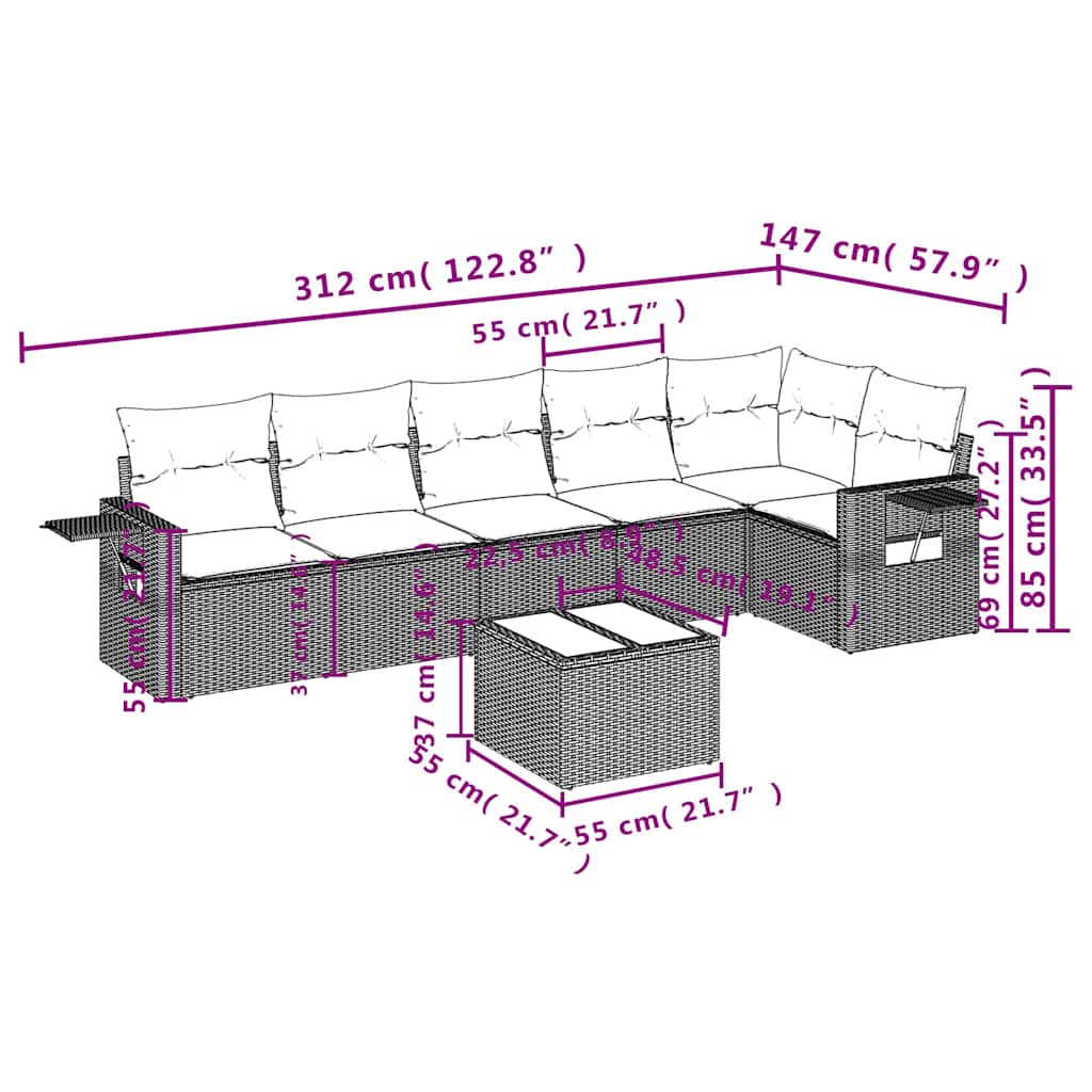 7-dijelni set vrtnih sofa od poliratana s jastucima crni Crna 85 x 62 x 69 cm