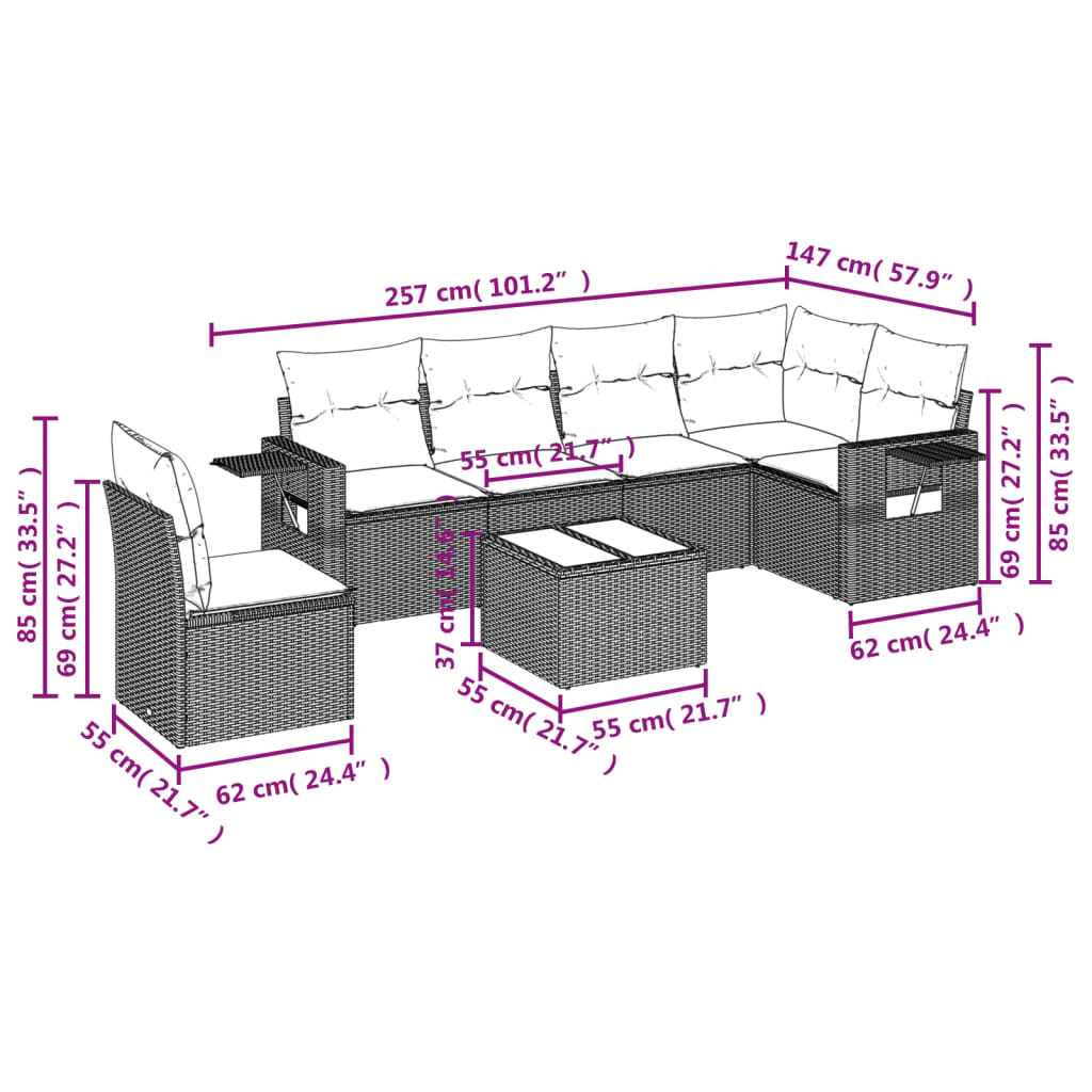 7-dijelni set vrtnih sofa od poliratana s jastucima crni Crna 85 x 62 x 69 cm