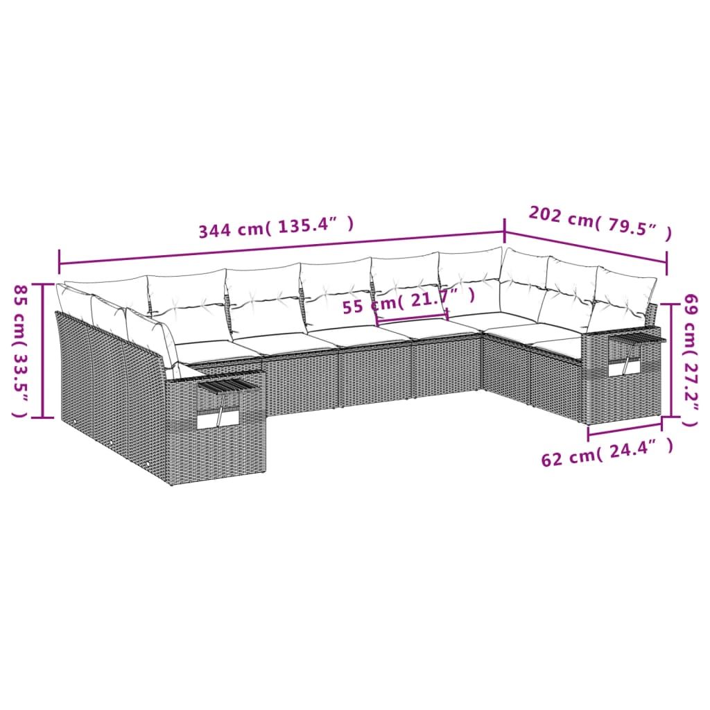 10-dijelni set vrtnih sofa s jastucima bež od poliratana 85 x 62 x 69 cm