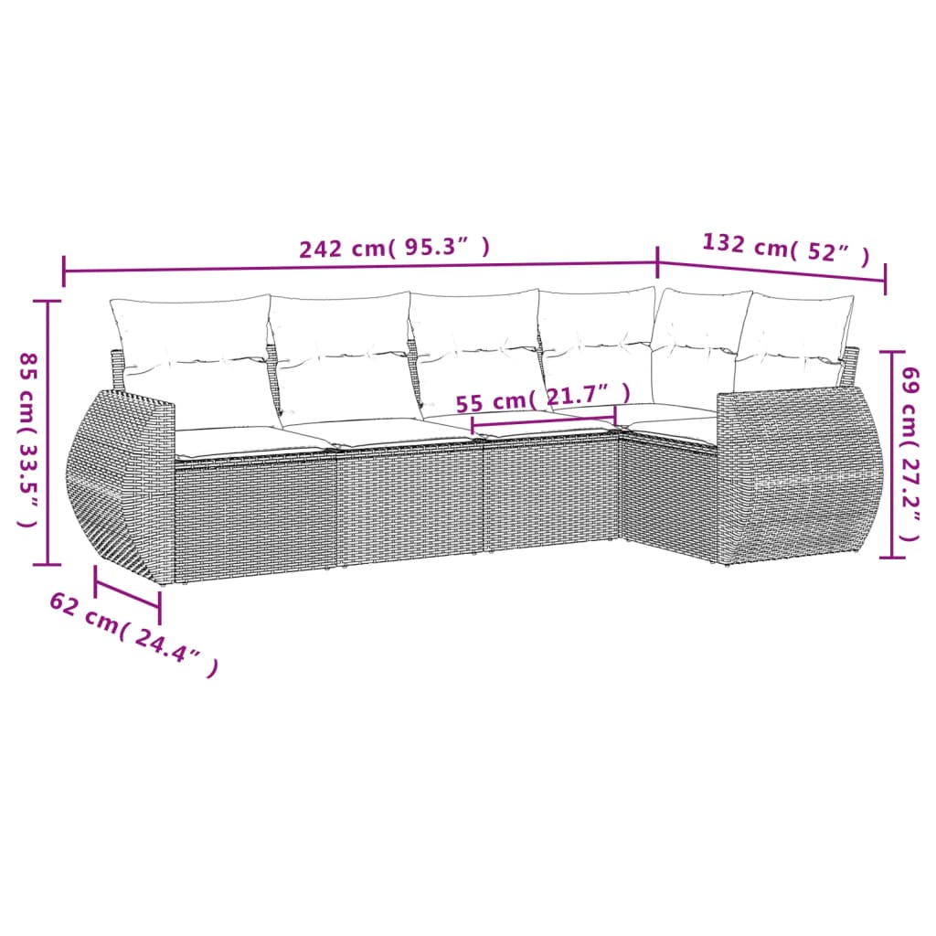 5-dijelni vrtni set sofa s jastucima bež od poliratana 70 x 62 x 69 cm