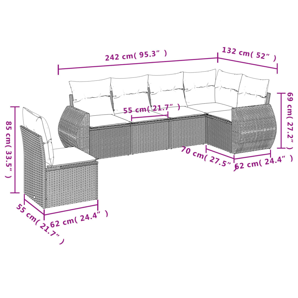 6-dijelni set vrtnih sofa s jastucima bež od poliratana 70 x 62 x 69 cm