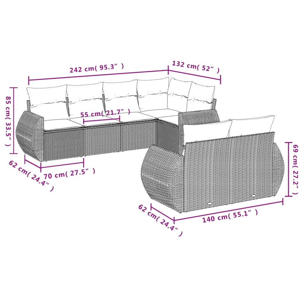 7-dijelni set vrtnih sofa od poliratana s jastucima bež 71 x 62 x 69 cm