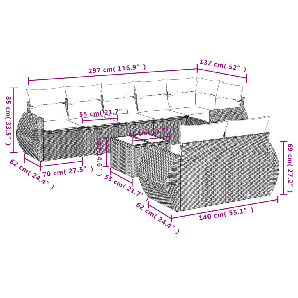 9-dijelni set vrtnih sofa s jastucima bež od poliratana 55 x 55 x 37 cm