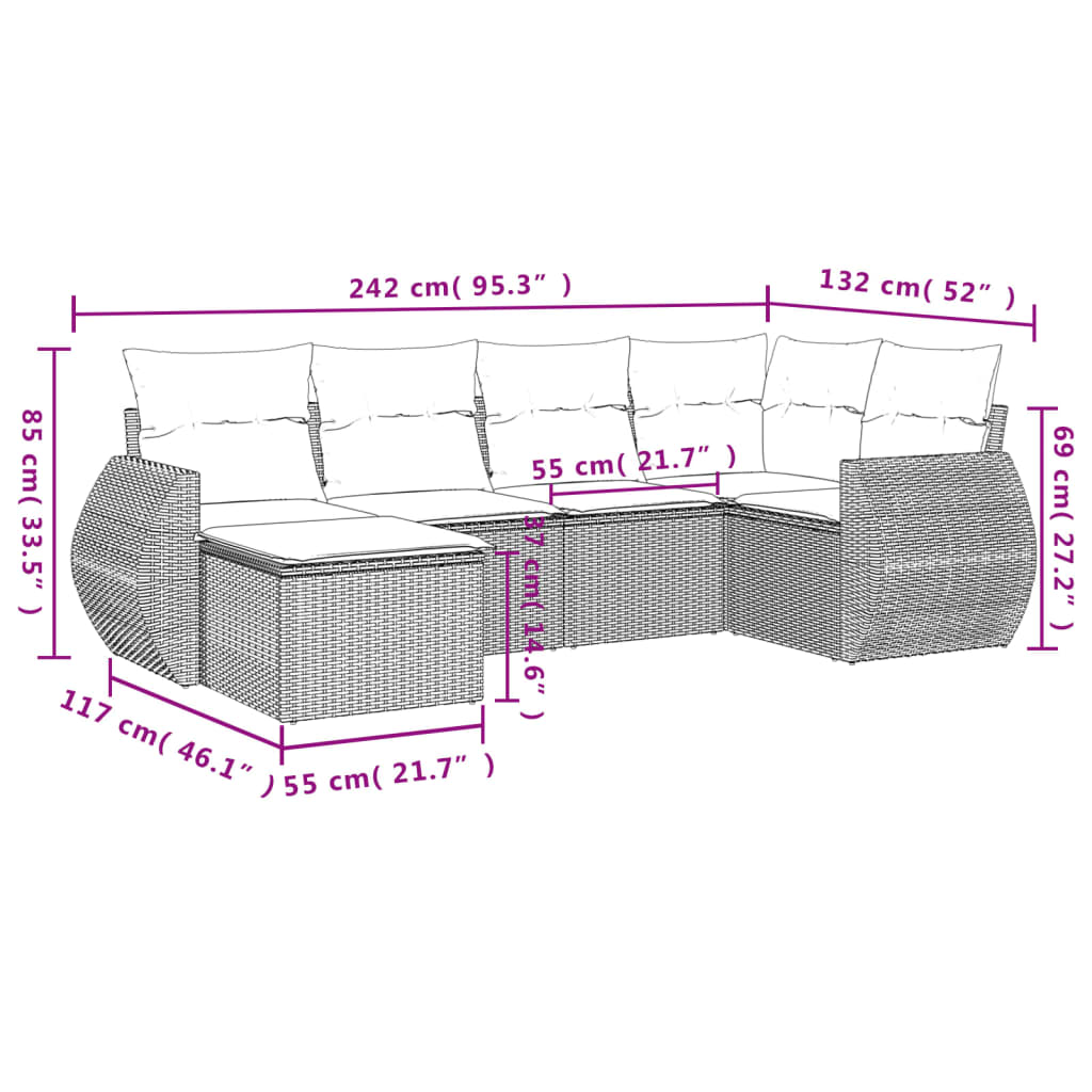 6-dijelni set vrtnih sofa s jastucima bež od poliratana 55 x 55 x 37 cm