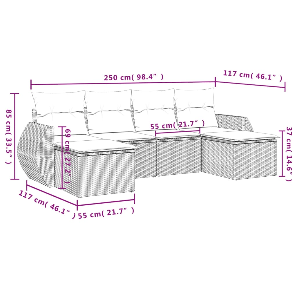 6-dijelni set vrtnih sofa s jastucima crni od poliratana Crna 55 x 55 x 37 cm