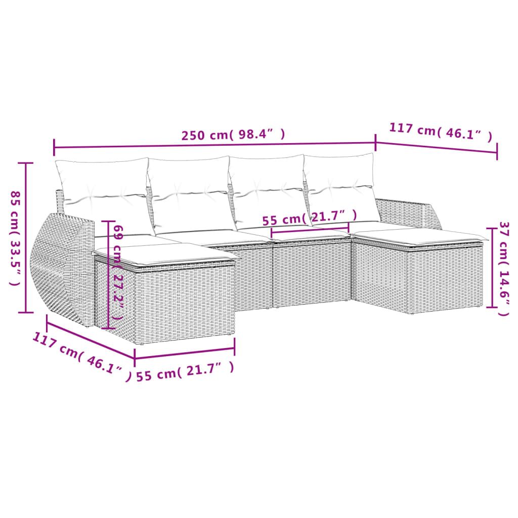 6-dijelni set vrtnih sofa s jastucima bež od poliratana 55 x 55 x 37 cm