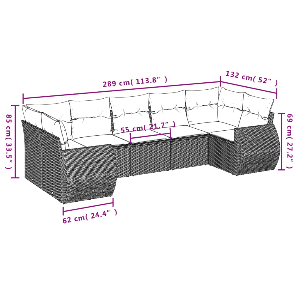 7-dijelni set vrtnih sofa od poliratana s jastucima crni Crna 71 x 62 x 69 cm