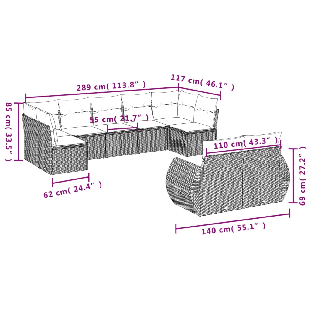 9-dijelni set vrtnih sofa s jastucima crni od poliratana Crna 71 x 62 x 69 cm