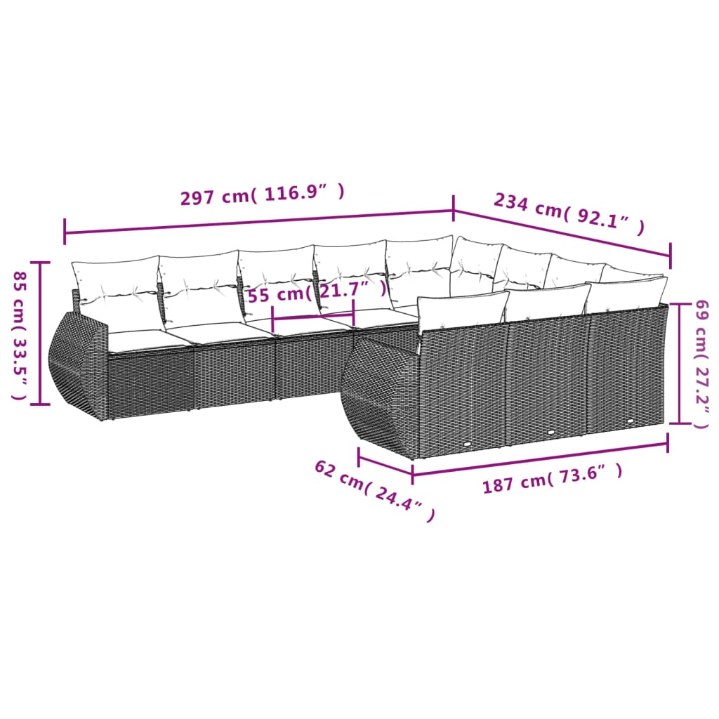 10-dijelni set vrtnih sofa od poliratana s jastucima sivi Siva 71 x 62 x 69 cm