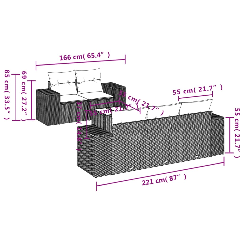 6-dijelni set vrtnih sofa s jastucima crni od poliratana Crna 93 x 62 x 69 cm
