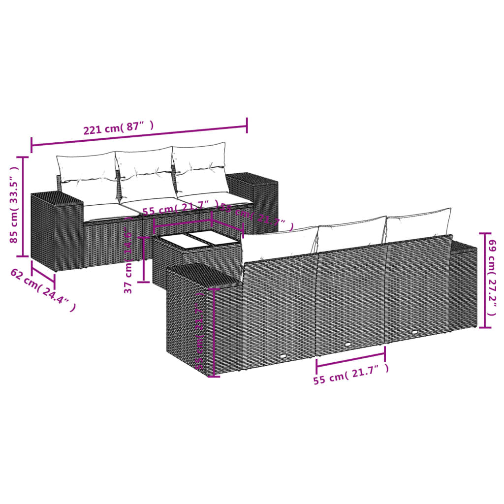 7-dijelni set vrtnih sofa od poliratana s jastucima crni Crna 93 x 62 x 69 cm