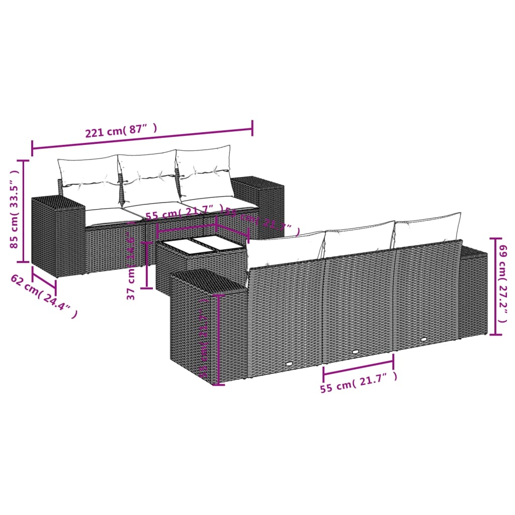 7-dijelni set vrtnih sofa od poliratana s jastucima bež 93 x 62 x 69 cm