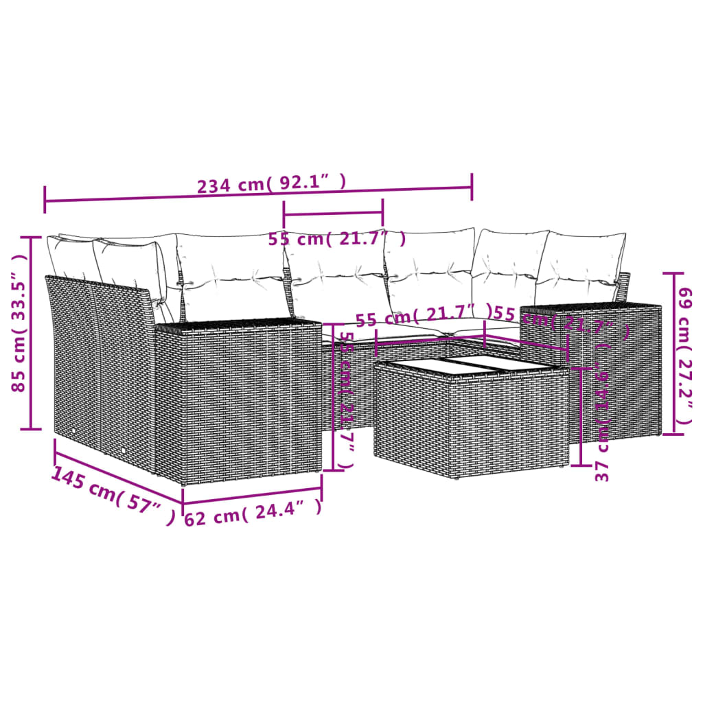 7-dijelni set vrtnih sofa od poliratana s jastucima bež 93 x 62 x 69 cm