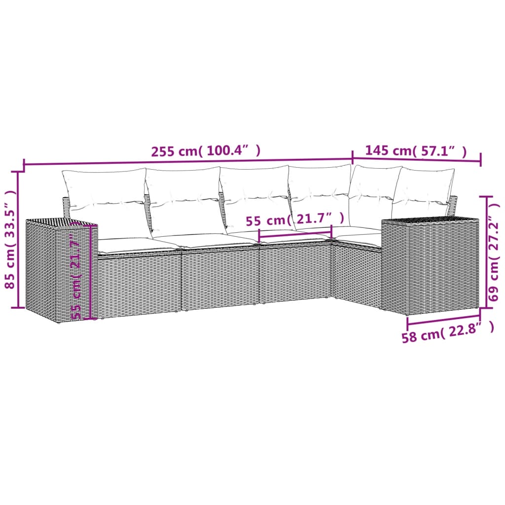 5-dijelni vrtni set sofa s jastucima bež od poliratana 62 x 62 x 69 cm
