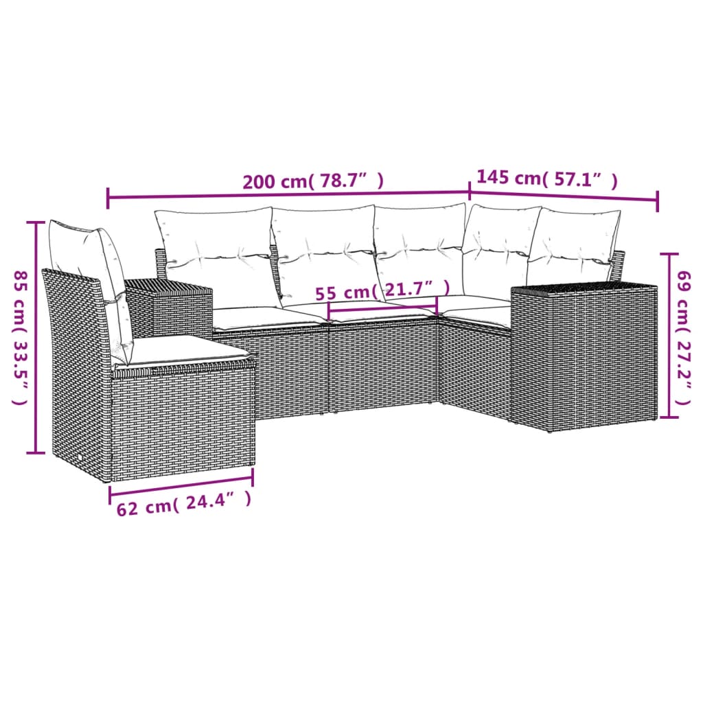 5-dijelni vrtni set sofa s jastucima bež od poliratana 83 x 62 x 69 cm