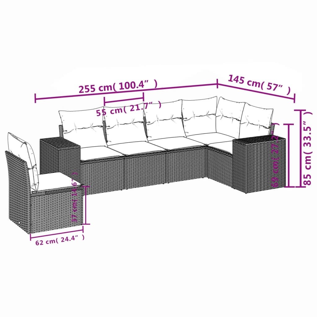 6-dijelni set vrtnih sofa s jastucima bež od poliratana 83 x 62 x 69 cm