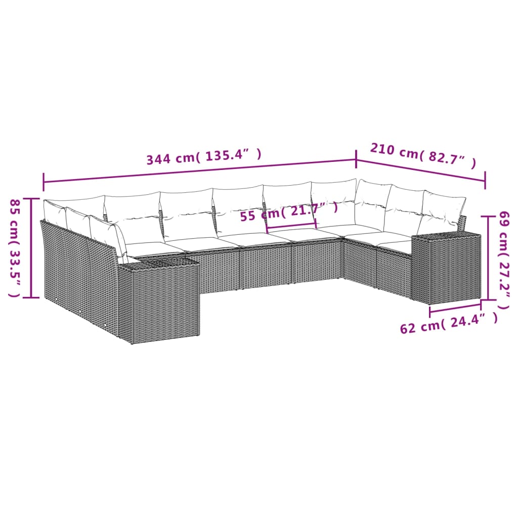 10-dijelni set vrtnih sofa s jastucima crni od poliratana Crna 83 x 62 x 69 cm