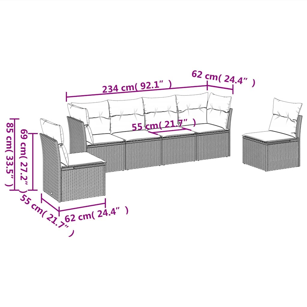 6-dijelni set vrtnih sofa s jastucima crni od poliratana Crna 62 x 62 x 69 cm