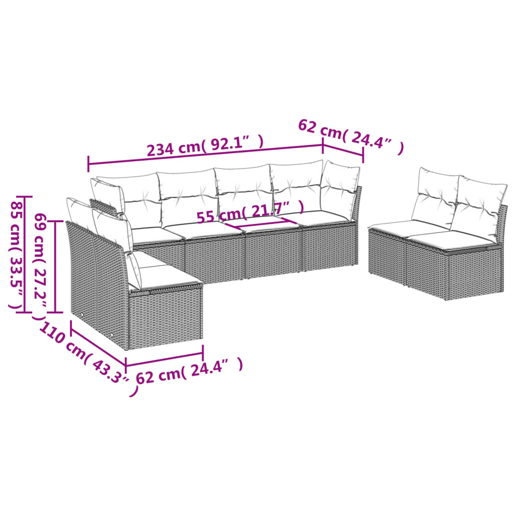 8-dijelni set vrtnih sofa od poliratana s jastucima crni Crna 62 x 62 x 69 cm