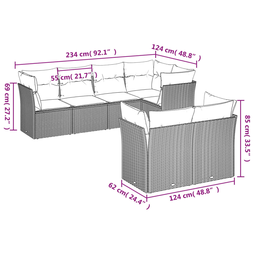 7-dijelni set vrtnih sofa od poliratana s jastucima crni Crna 62 x 62 x 69 cm
