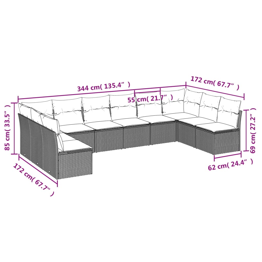 10-dijelni set vrtnih sofa s jastucima crni od poliratana Crna 62 x 62 x 69 cm