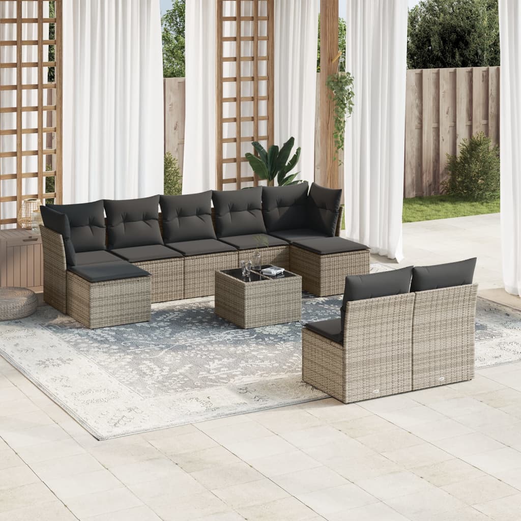 10-dijelni set vrtnih sofa od poliratana s jastucima sivi Siva 55 x 55 x 37 cm