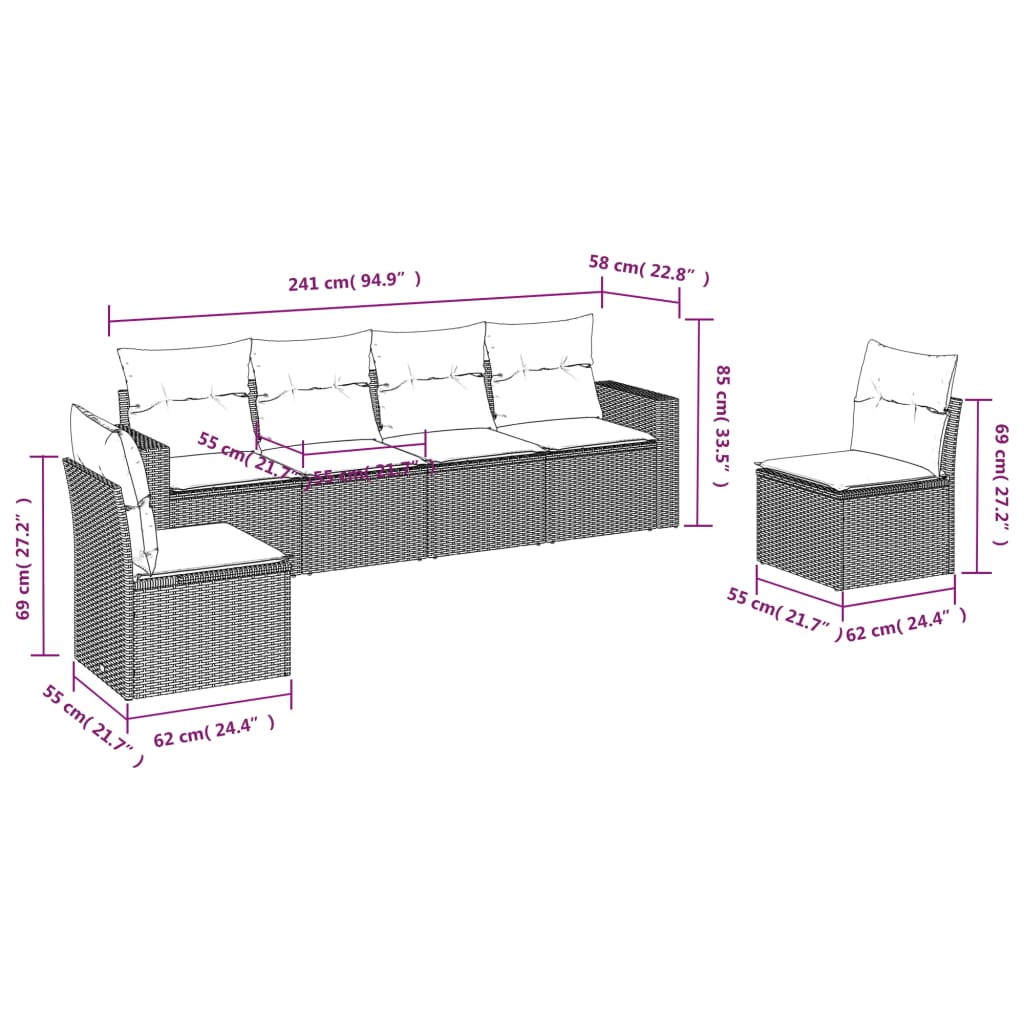 6-dijelni set vrtnih sofa s jastucima bež od poliratana 66 x 62 x 69 cm