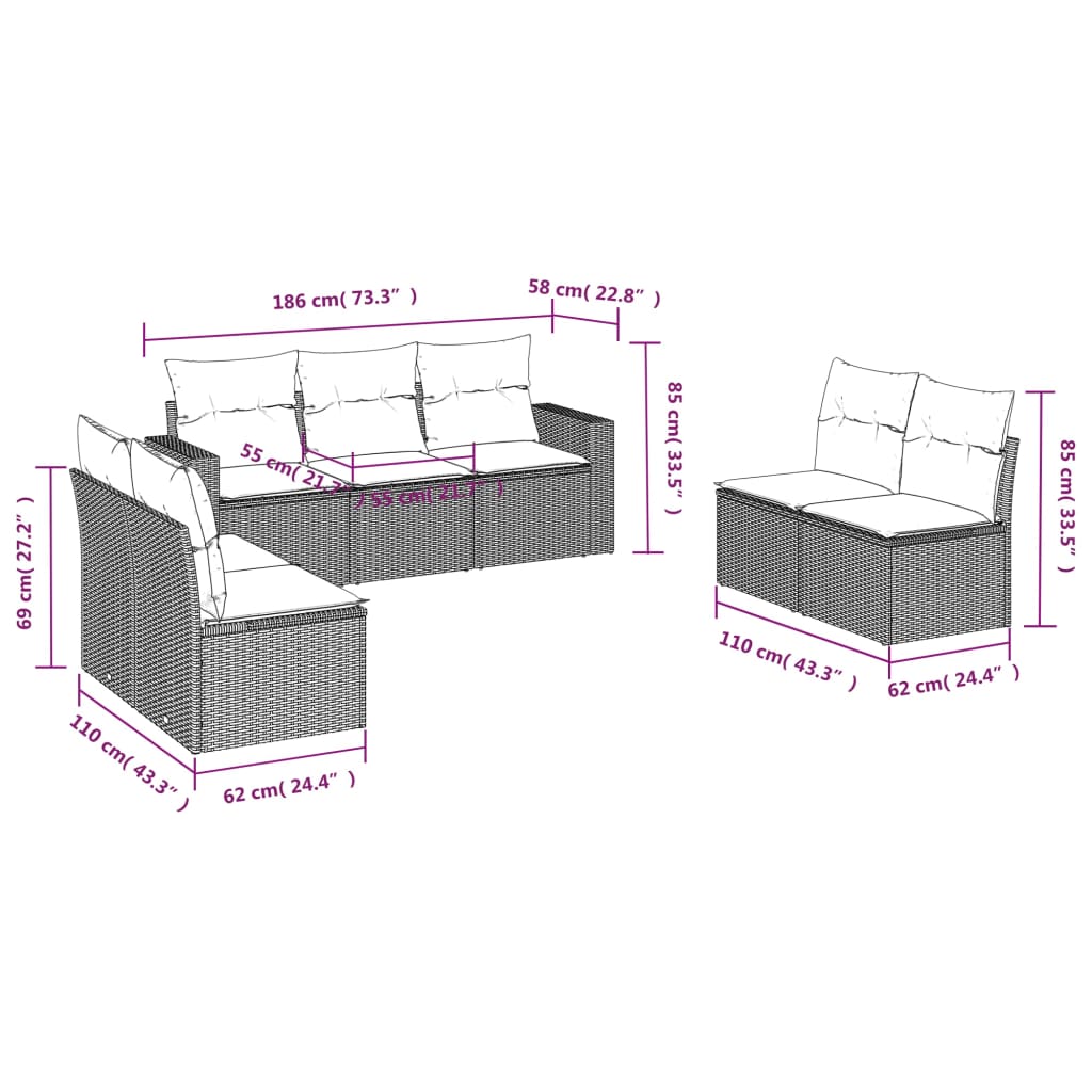 7-dijelni set vrtnih sofa od poliratana s jastucima crni Crna 66 x 62 x 69 cm