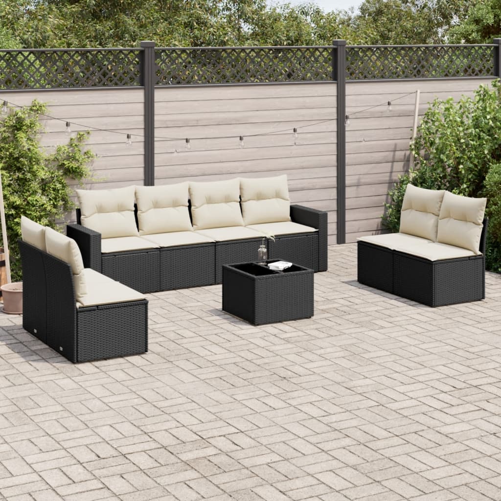 9-dijelni set vrtnih sofa s jastucima crni od poliratana Crna 55 x 55 x 37 cm