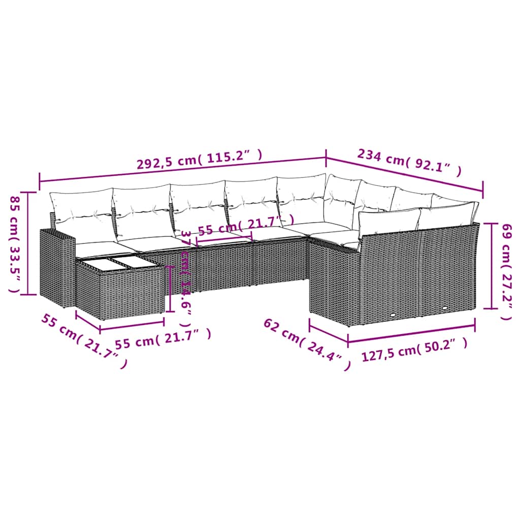 10-dijelni set vrtnih sofa od poliratana s jastucima sivi Siva 65.5 x 62 x 69 cm
