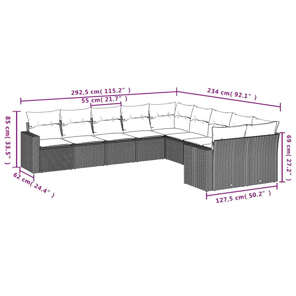 10-dijelni set vrtnih sofa s jastucima crni od poliratana Crna 66 x 62 x 69 cm