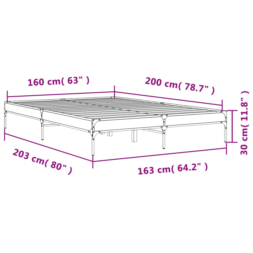 Okvir kreveta boja hrasta 160x200 cm konstruirano drvo i metal Siva 160 x 200 cm