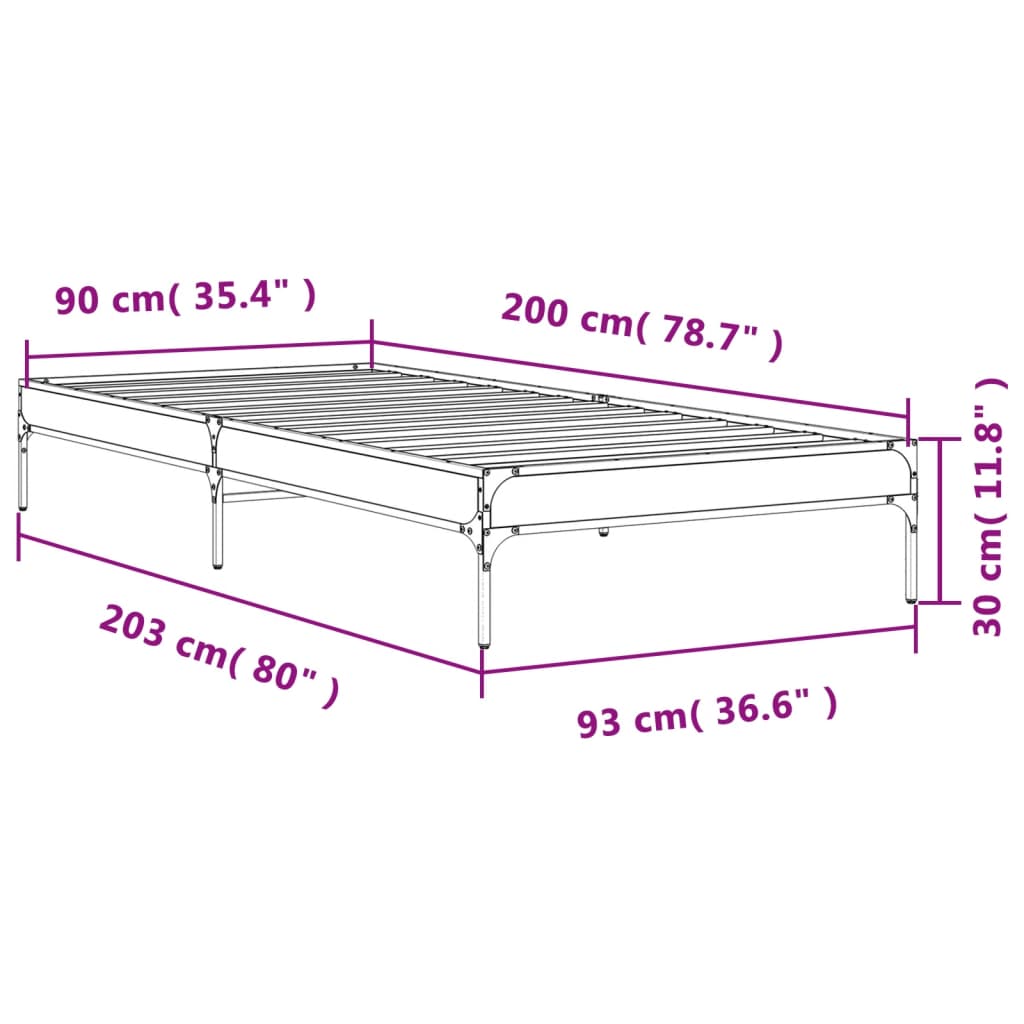Okvir za krevet boja hrasta 90x200 cm konstruirano drvo i metal Siva 90 x 200 cm