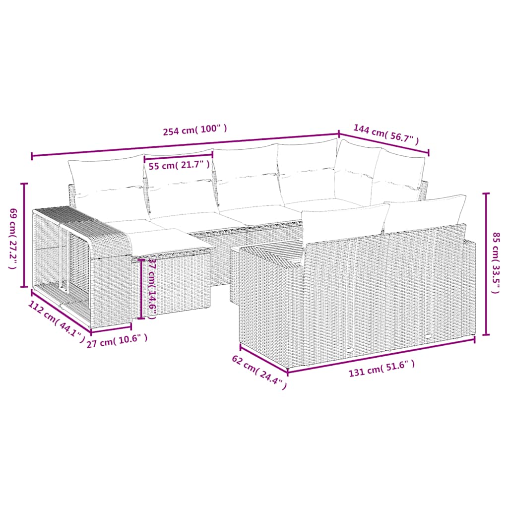 11-dijelni set vrtnih sofa od poliratana s jastucima crni Crna 65.5 x 62 x 69 cm