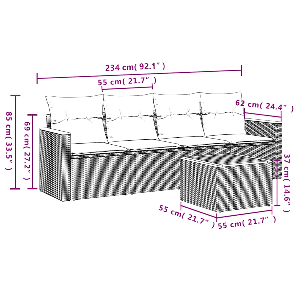 5-dijelna vrtna garnitura od poliratana s jastucima crna 61.5 x 62 x 69 cm