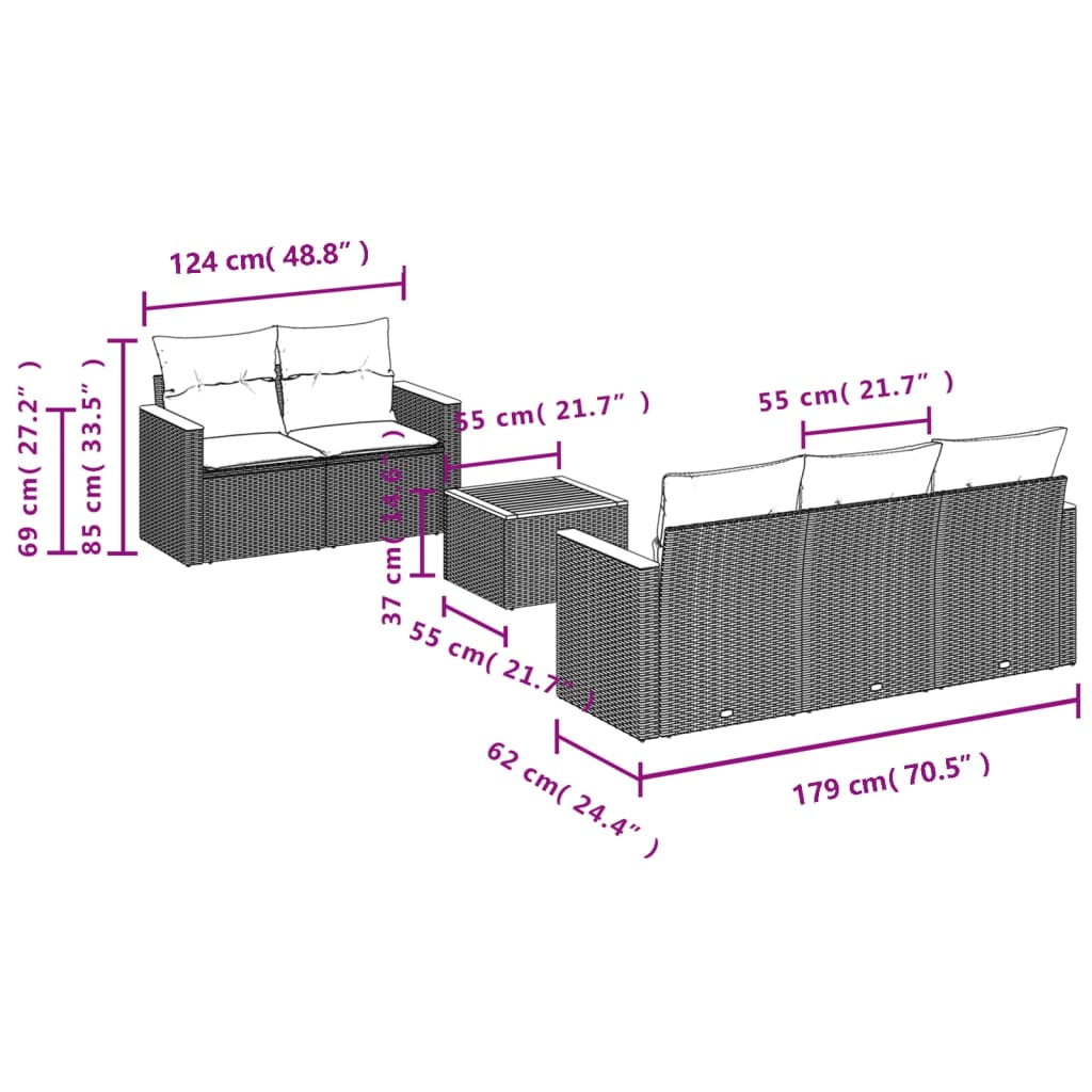 6-dijelni set vrtnih sofa s jastucima crni od poliratana Crna 61.5 x 62 x 69 cm