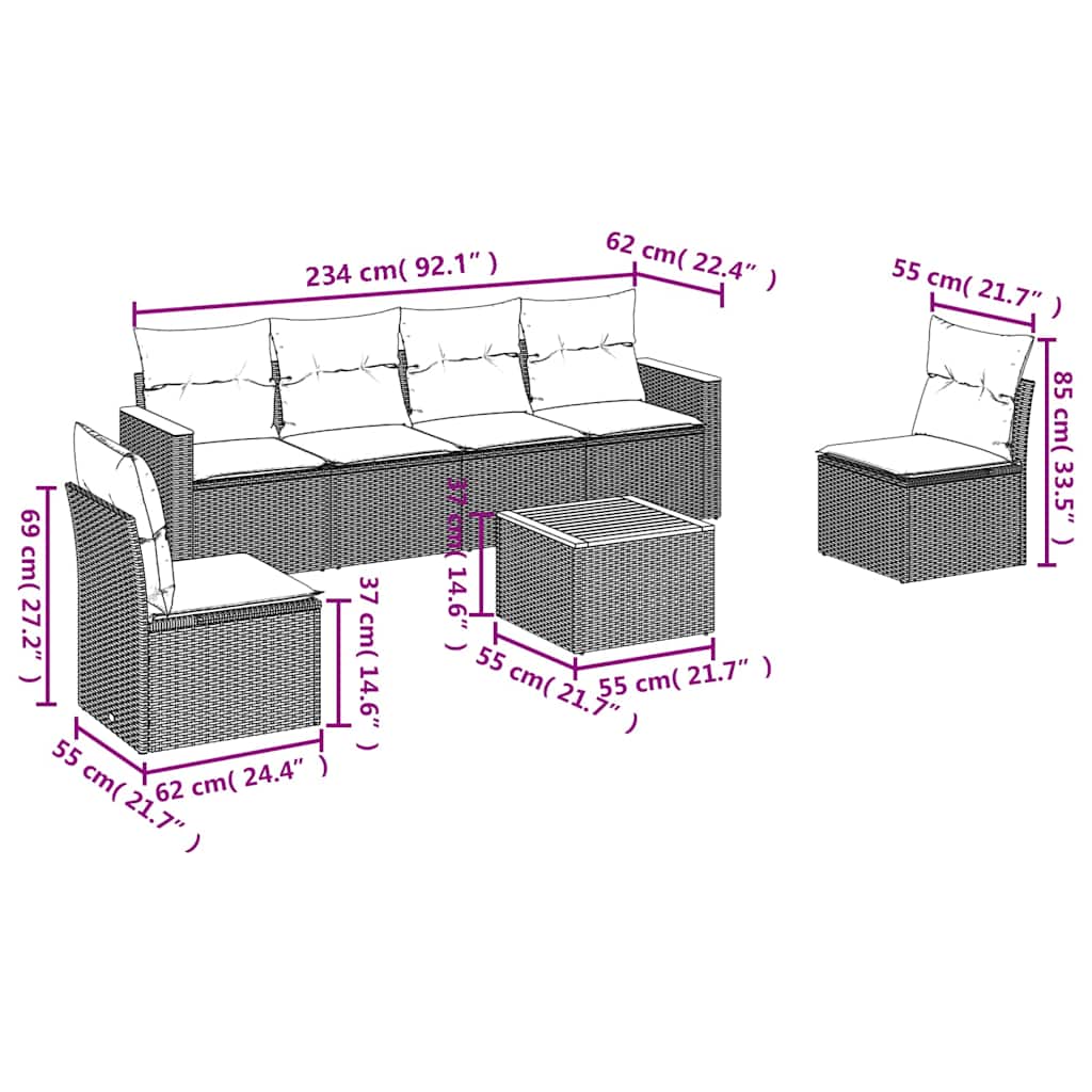 7-dijelni set vrtnih sofa od poliratana s jastucima crni Crna 61 x 62 x 69 cm