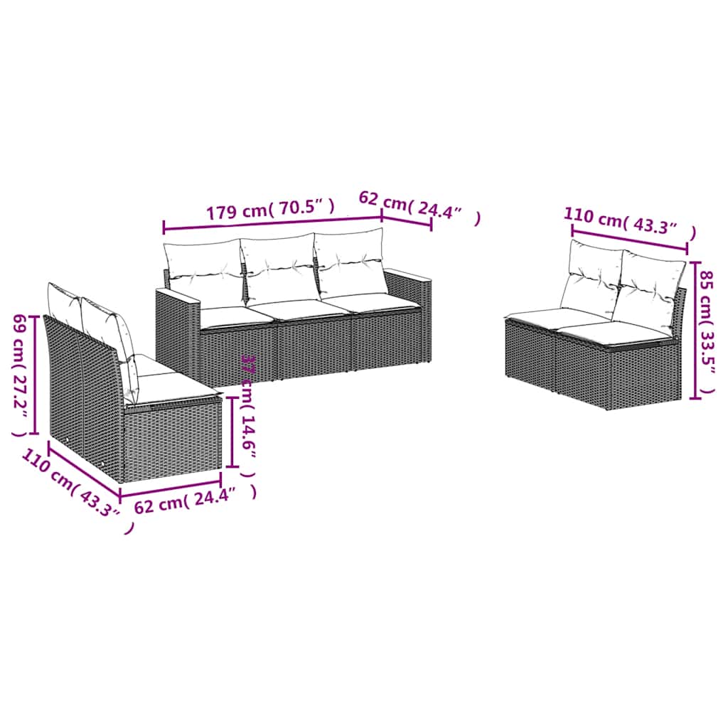 7-dijelni set vrtnih sofa od poliratana s jastucima crni Black