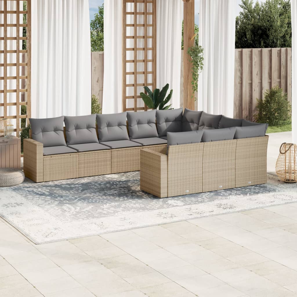 10-dijelni set vrtnih sofa s jastucima bež od poliratana 65.5 x 62 x 69 cm