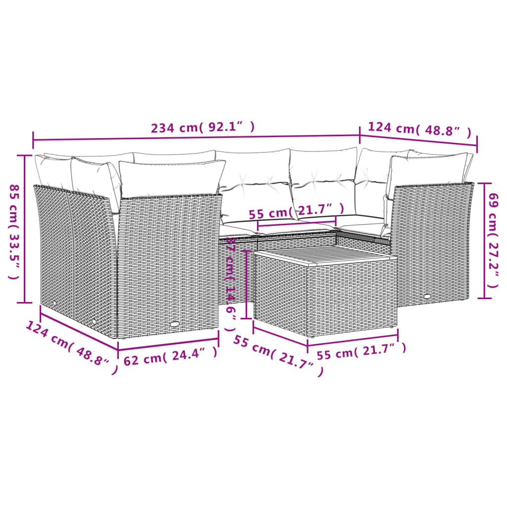 7-dijelni set vrtnih sofa od poliratana s jastucima crni Crna 62 x 62 x 69 cm