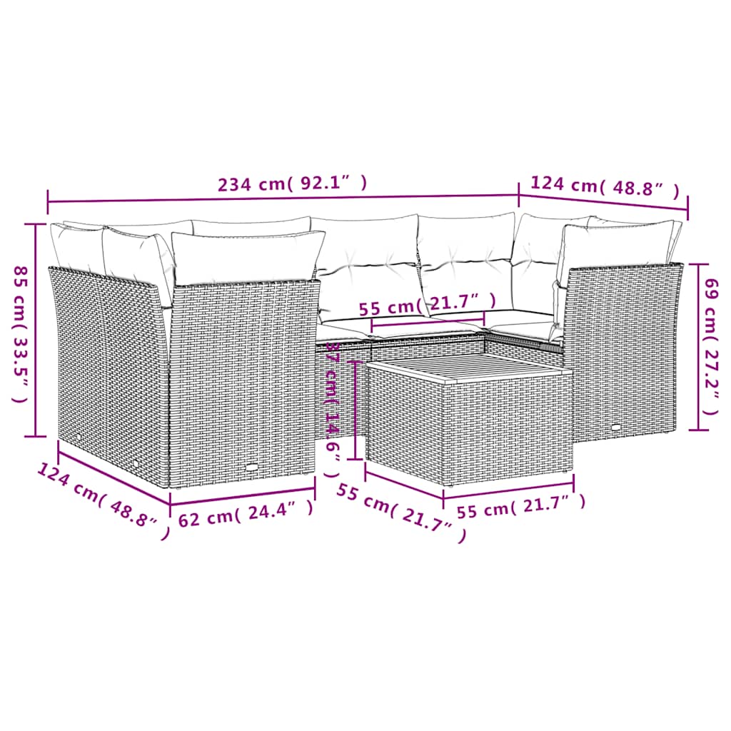 7-dijelni set vrtnih sofa od poliratana s jastucima crni Crna 62 x 62 x 69 cm