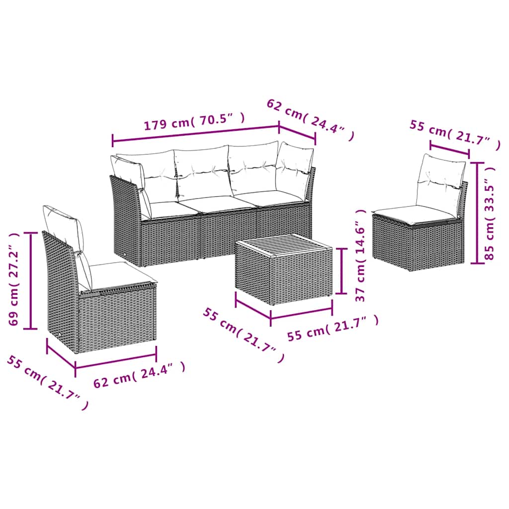 6-dijelni set vrtnih sofa s jastucima crni od poliratana Crna 62 x 62 x 69 cm