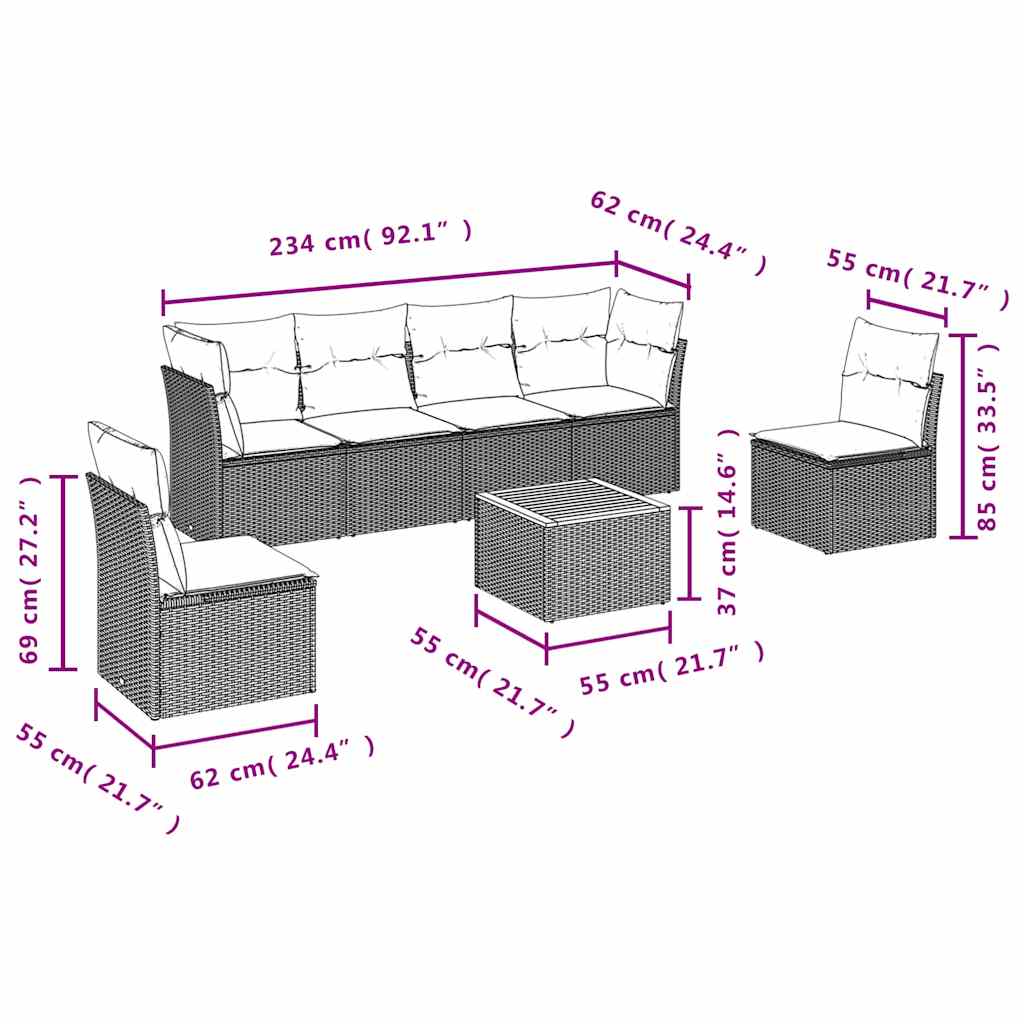 7-dijelni set vrtnih sofa od poliratana s jastucima crni Crna 62 x 62 x 69 cm