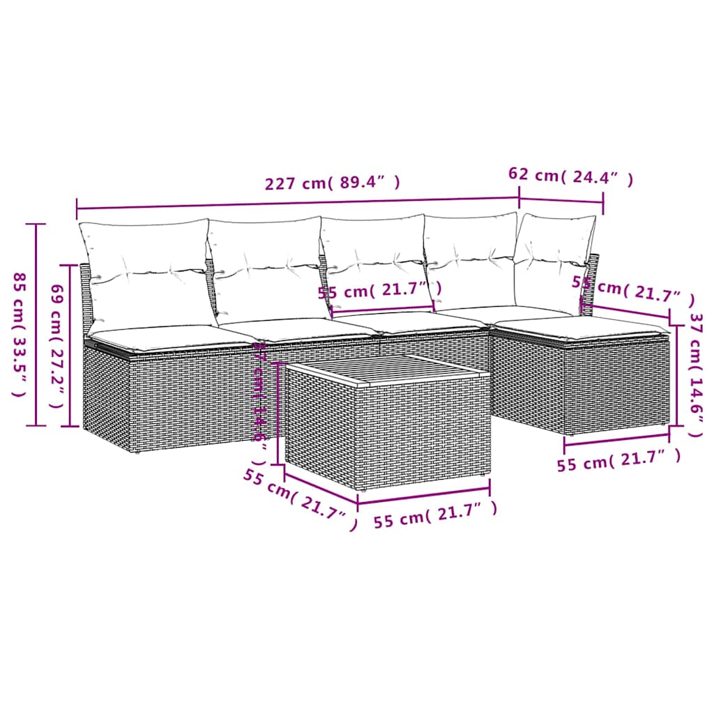 6-dijelni set vrtnih sofa s jastucima crni od poliratana Crna 62 x 62 x 69 cm