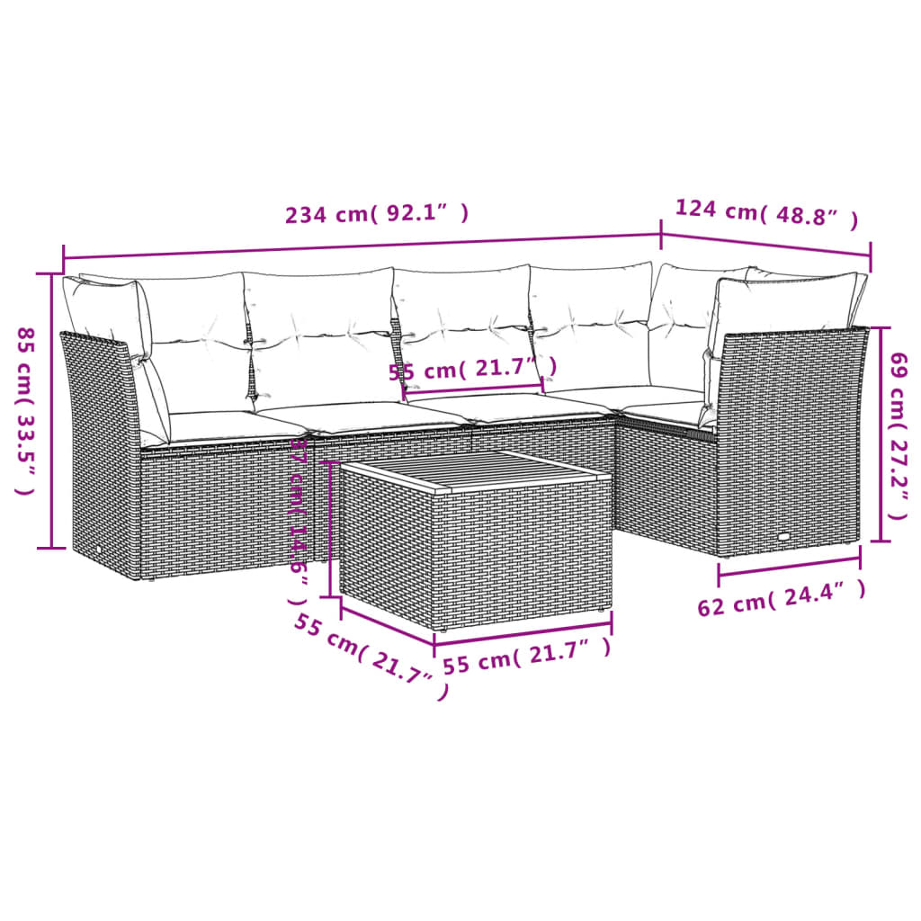 6-dijelni set vrtnih sofa s jastucima crni od poliratana Crna 62 x 62 x 69 cm