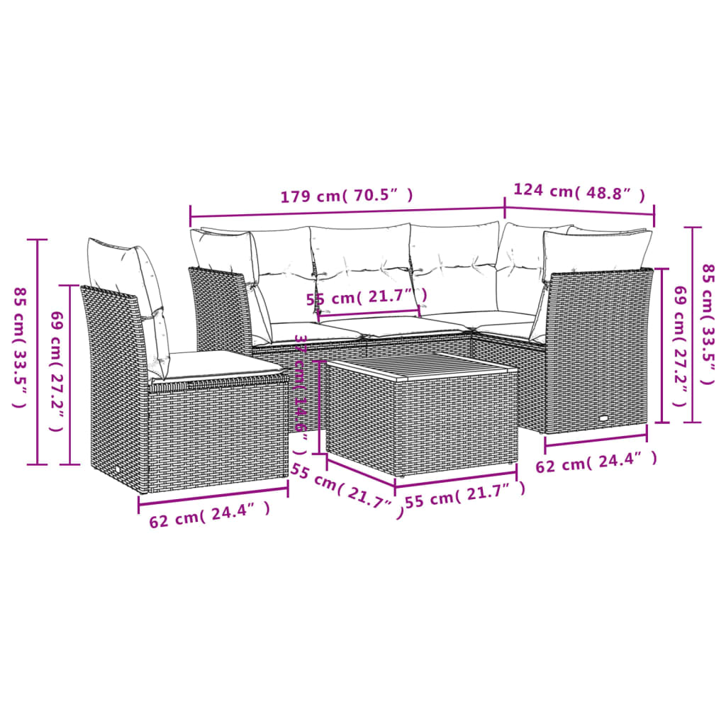 6-dijelni set vrtnih sofa s jastucima crni od poliratana Crna 62 x 62 x 69 cm