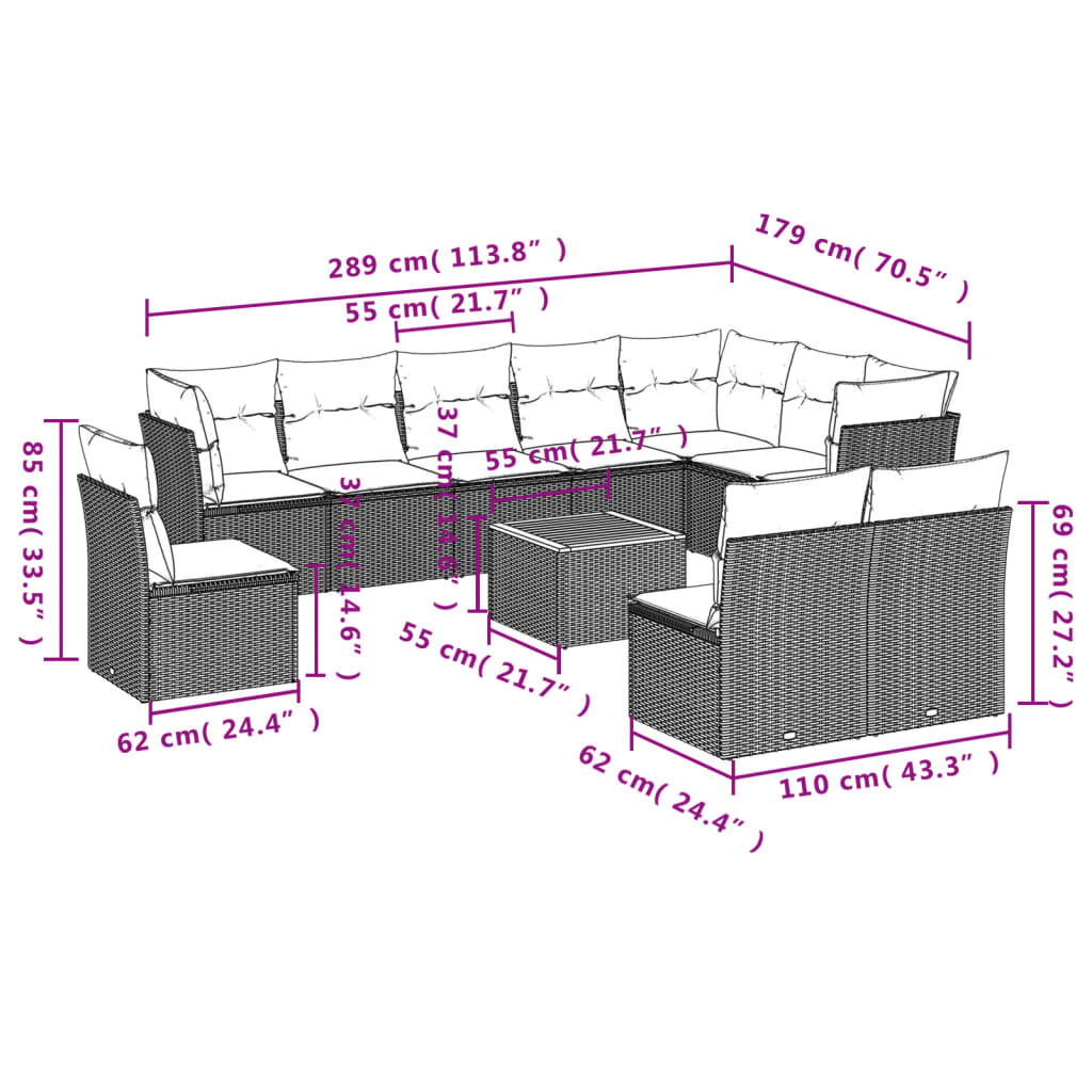 11-dijelni set vrtnih sofa od poliratana s jastucima crni Crna 62 x 62 x 69 cm