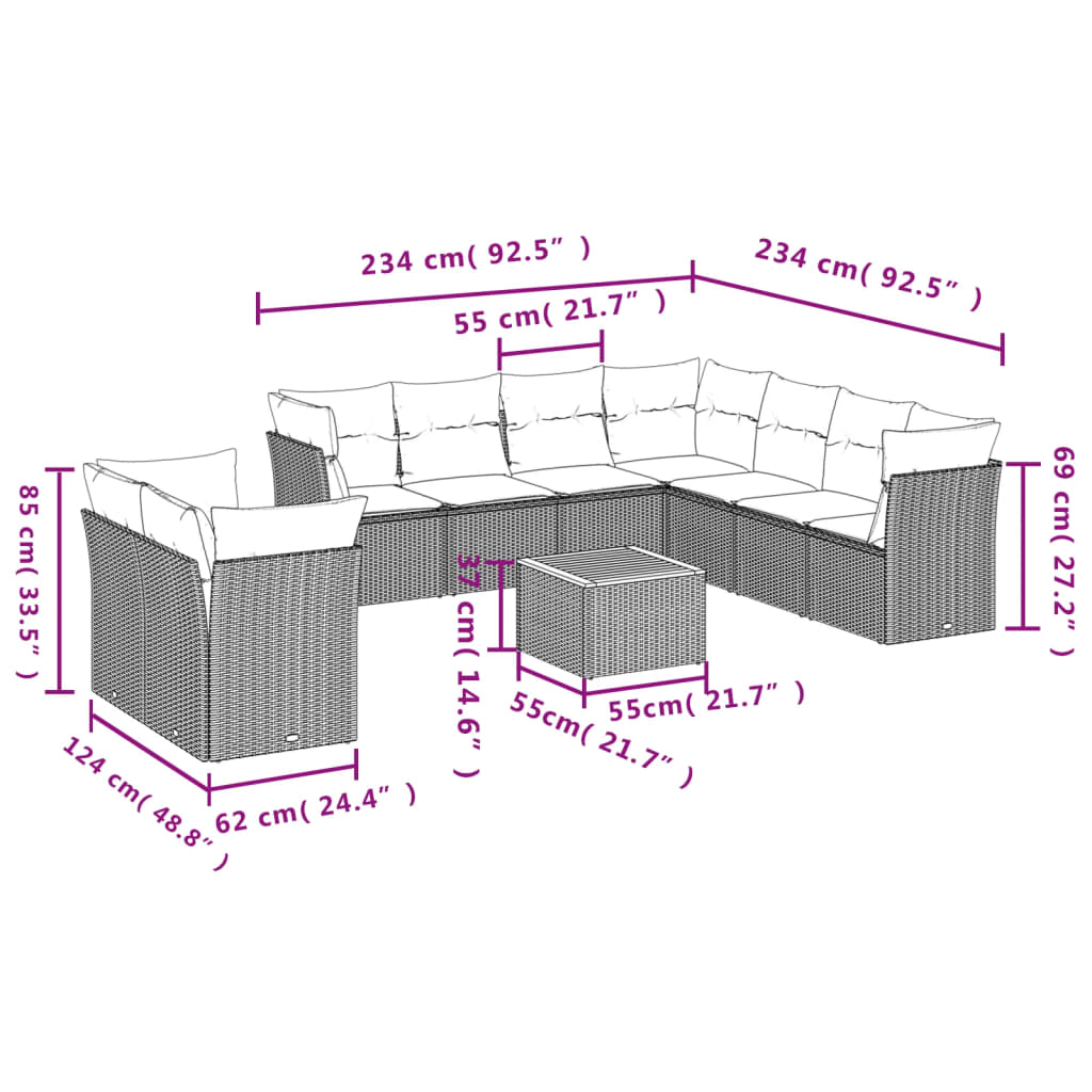 11-dijelni set vrtnih sofa od poliratana s jastucima crni Crna 62 x 62 x 69 cm