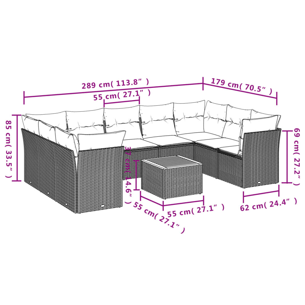 10-dijelni set vrtnih sofa s jastucima bež od poliratana 62 x 62 x 69 cm